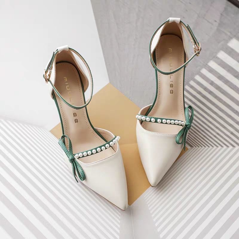 White Pearl Bow Ankle Strap Stiletto Heels | Pointed Toe D'Orsay Pumps for Women | Bridal Wedding Prom Elegant Fairy Shoes