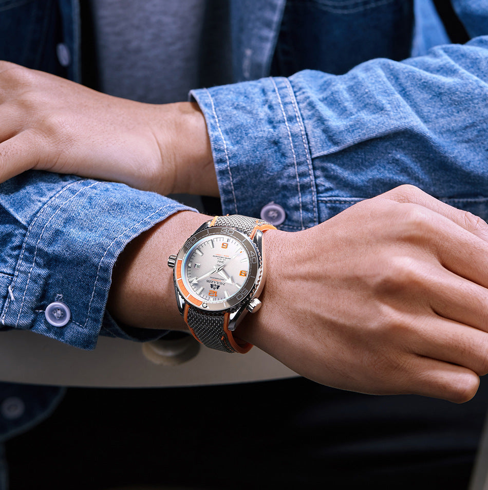 Paulares Professional Men's Diver Watch | Cream Dial Orange Bezel Grey NATO Nylon Strap Master Chronometer Sport Timepiece