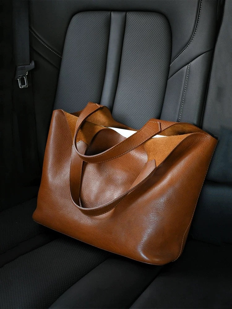 Cognac Brown Leather Tote Bag - Soft Slouchy Hobo with Knotted Handles | Minimalist Everyday Shoulder Bag