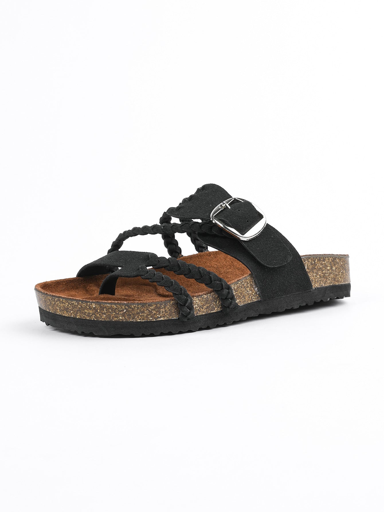 Cream Braided Strap Cork Footbed Sandals Gold Buckle Toe Post Flat Suede Sandal | Women Boho Summer Beach Casual Comfortable Everyday Fashion Sandals