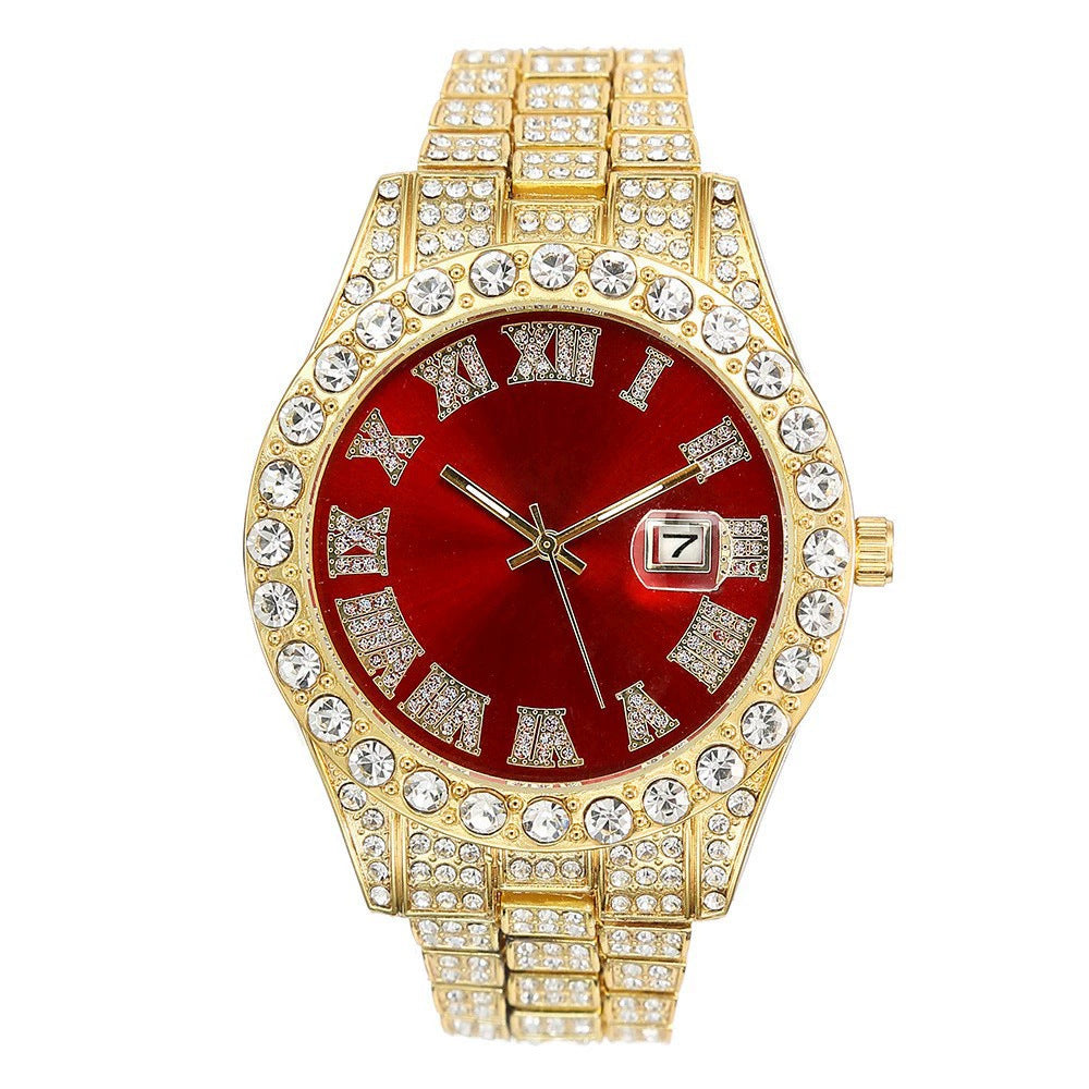 Iced Out Silver Watch | Green Sunburst Dial Diamond Roman Numerals | Full Crystal Bezel & Bracelet Mens Hip Hop Quartz Watch