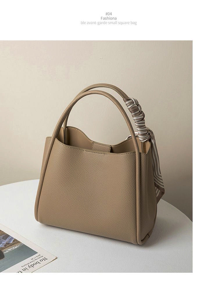 Black Leather Tote Bag Women | Scarf Handle Shoulder Handbag | Pebbled Crossbody Satchel Bag with Silk Ribbon Detail