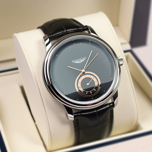Binlihuan Dress Watch Men | Black Dial Rose Gold Sub-Seconds | Silver Case Black Leather Strap | Elegant Minimalist Luxury Watch
