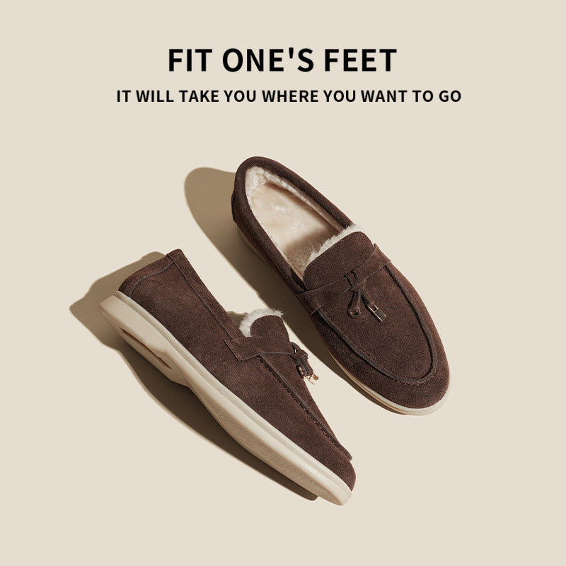 Women's Beige Suede Loafers with Gold Lock Charm ? Elegant Slip-On Flat Shoes for Everyday Luxury