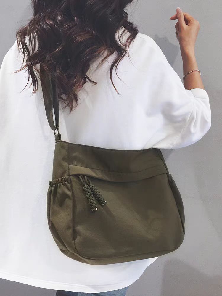 Brown Nylon Slouchy Shoulder Bag - Gathered Hobo Bag with Braided Cord Detail | Lightweight Casual Crossbody Tote