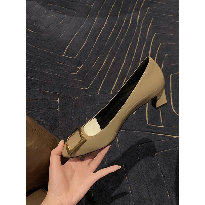 Nude Beige Patent Leather Square Toe Ballet Flats with Oversized Gold Square Buckle | Elegant Everyday Luxury Shoes for Women