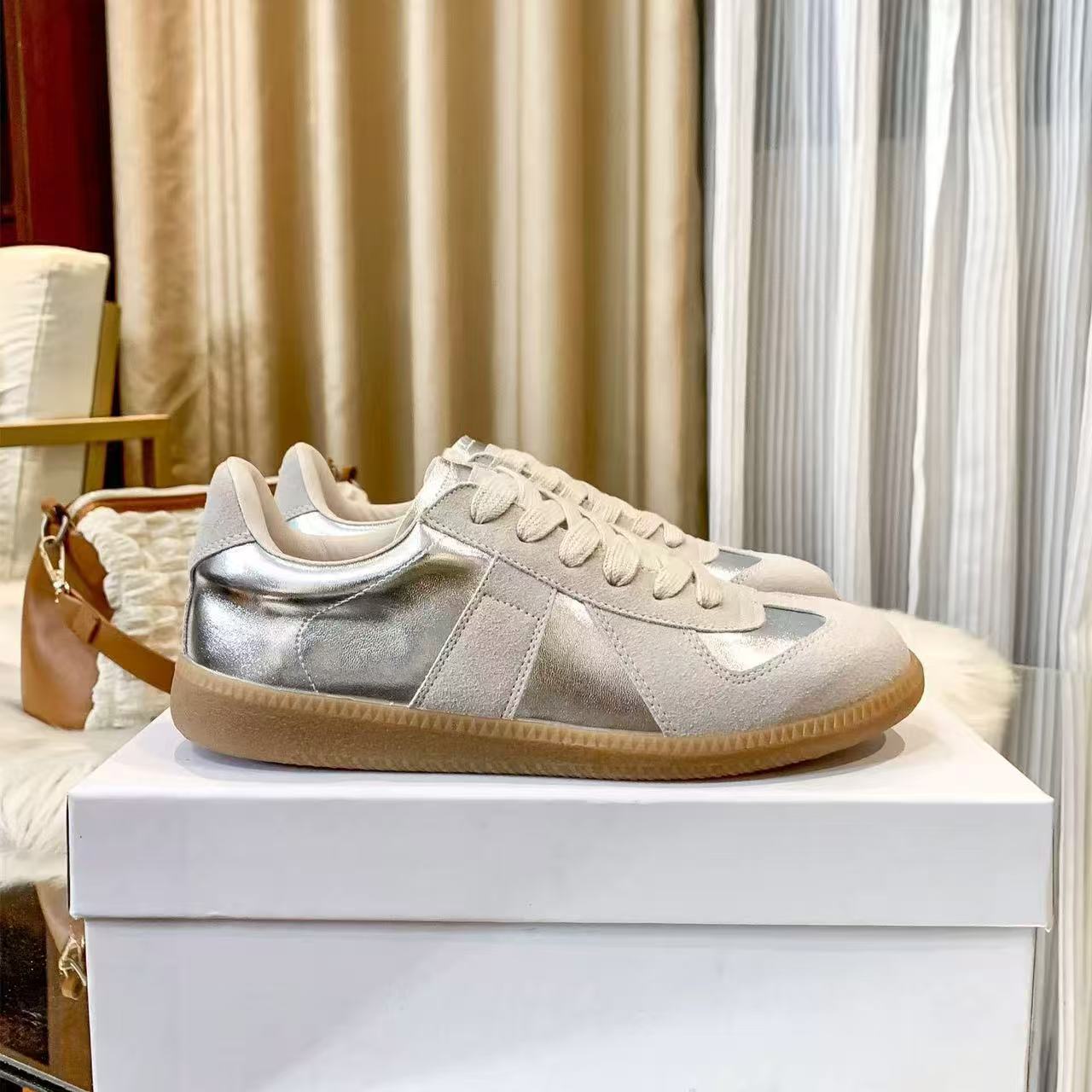 White Suede Panel Retro Low Top Sneakers with Gum Sole | Cream Leather Lace-Up Vintage Trainer Shoes | Replica Style Unisex Casual Sneakers | Quiet Luxury Everyday Gum Sole Shoes