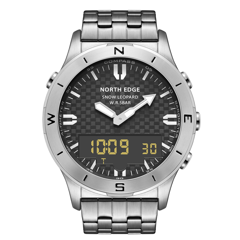 NORTH EDGE Snow Leopard Men's Watch | Compass Altimeter Barometer Ana-Digi Carbon Dial Silver Steel Bracelet 5BAR Watch