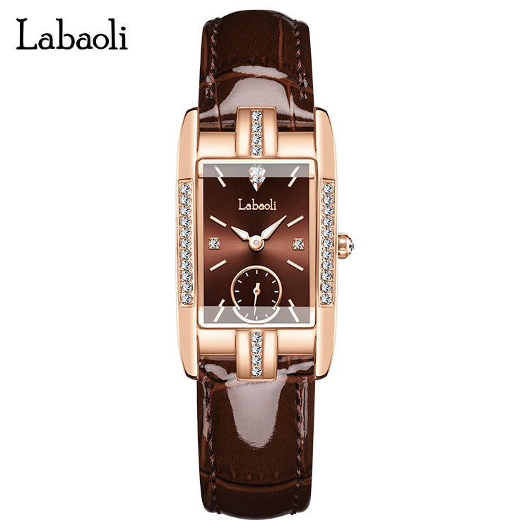 Labaoli Women's Rose Gold Rectangle Watch | Red Dial Crystal Lug Sub-Seconds Patent Leather Luxury Quartz Watch