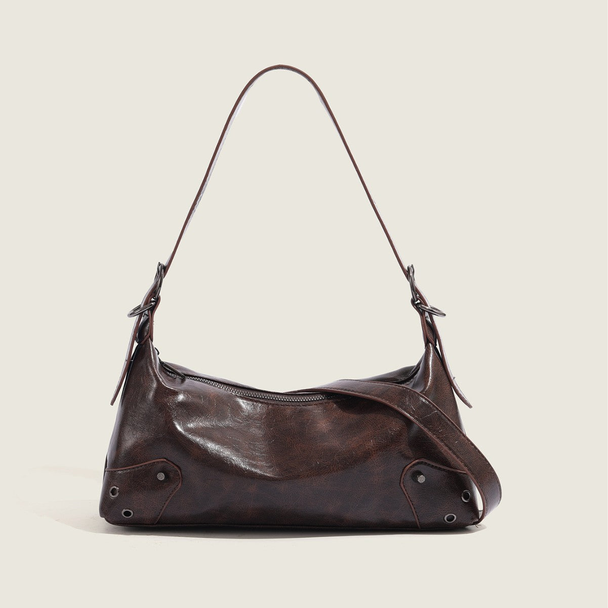 Brown Distressed Leather Shoulder Bag - Vintage Y2K Hobo Bag with Studded Details | Crescent Shaped Crossbody with Buckle Strap