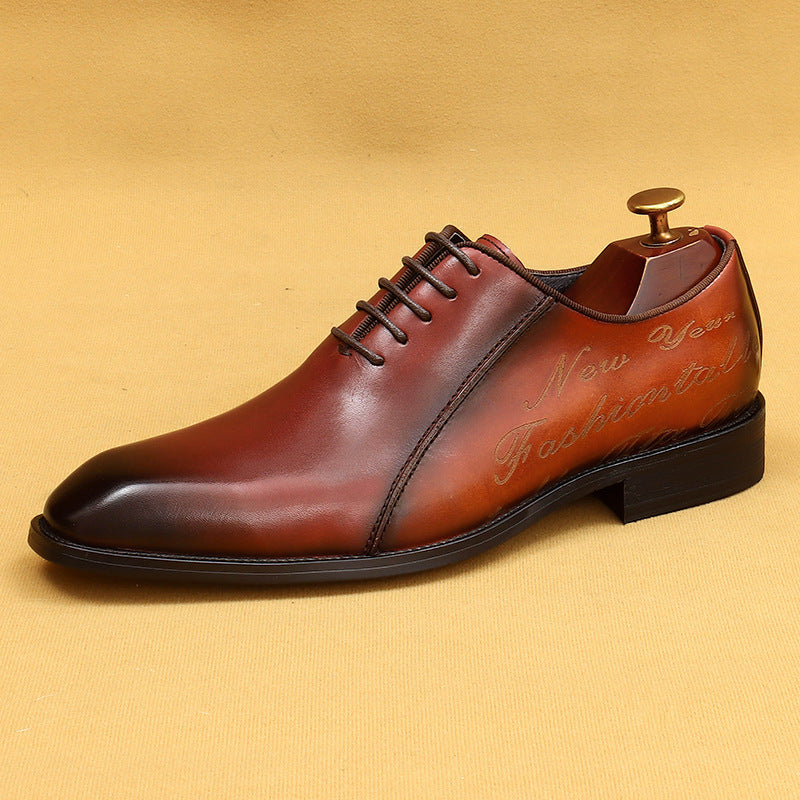 Men's Two-Tone Navy Blue & Burgundy Leather Oxford Dress Shoes | Script Embossed Lace-Up Formal Shoes