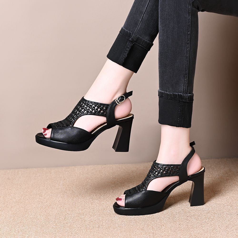 Black Leather Woven Cutout T-Bar Peep Toe Platform Block Heel Slingback Sandals | Women's Breathable High Heel Shoes