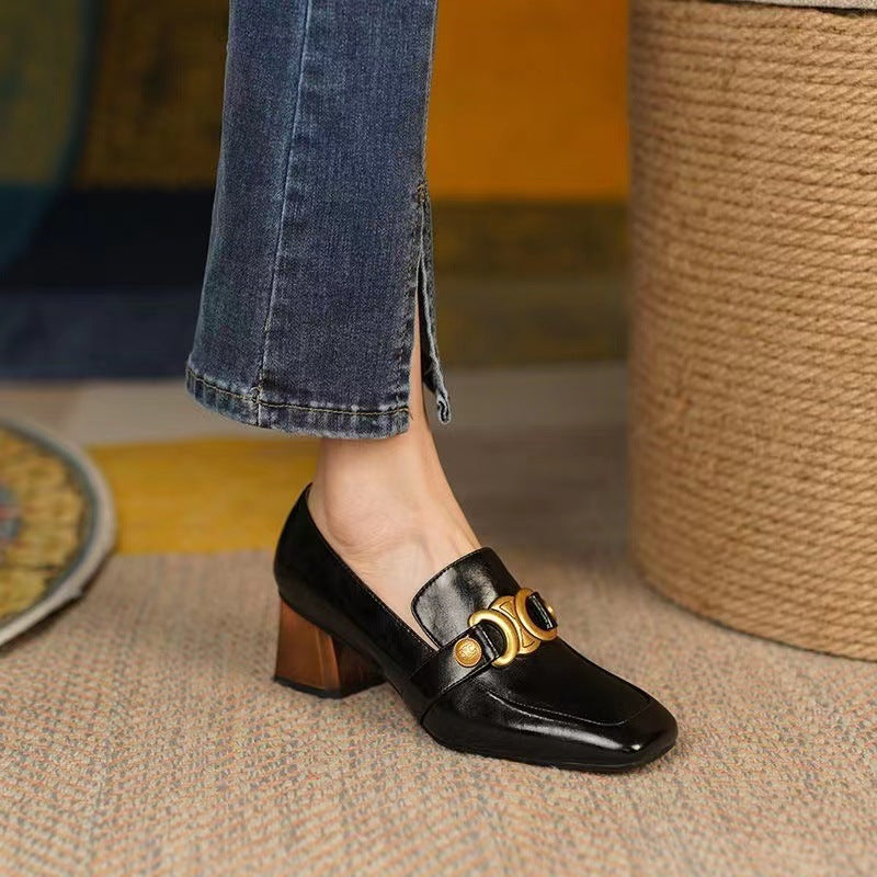 Brown Square Toe Block Heel Loafer Pumps | Women's Gold Chain Hardware Chunky Heel Leather Slip-On Shoes | Retro Luxury Heels