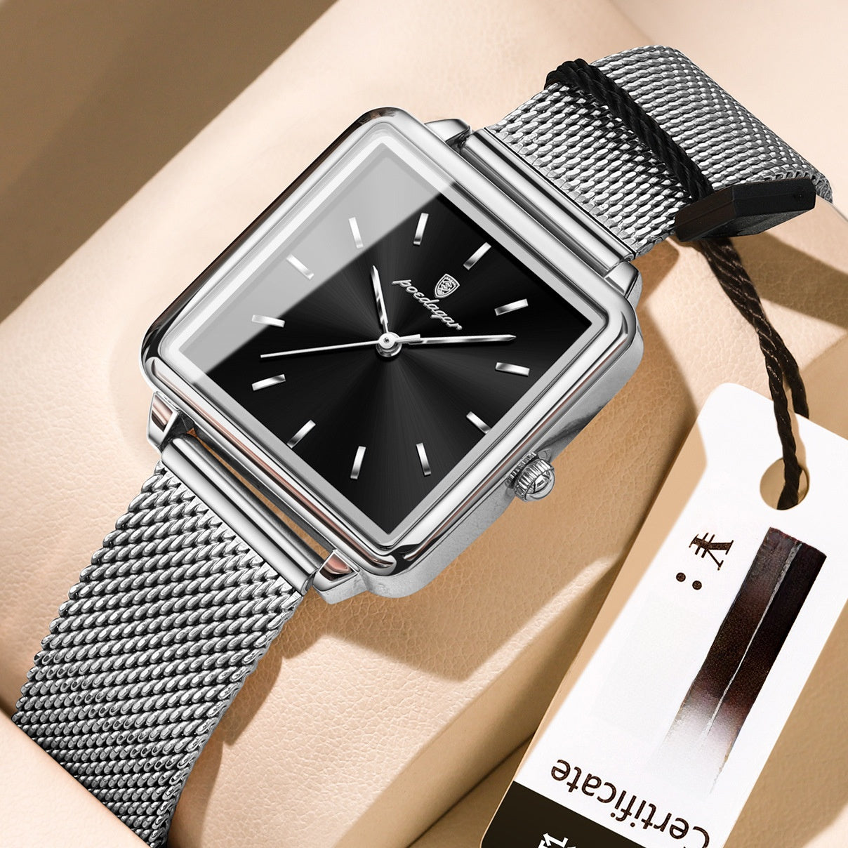 Poedagar Women's Rose Gold Square Watch | Sunburst Dial Mesh Strap Minimalist All Rose Gold Quartz Watch