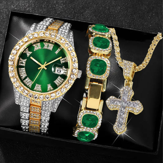Men's Iced Out Green Emerald Watch Bracelet & Cross Necklace Set | Gold CZ Diamond Hip Hop Jewelry Gift Box