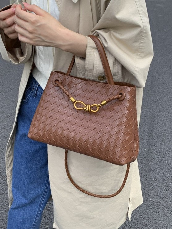 Black Woven Leather Handbag with Gold Knot Hardware | Intrecciato Style Tote Bag