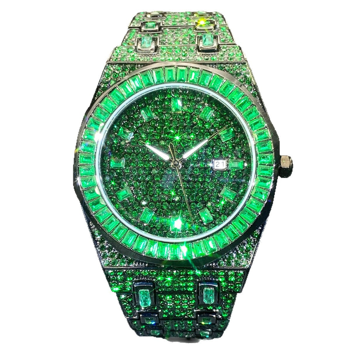 Iced Out Emerald Green Watch for Men | Full Pave CZ Baguette Bezel Luxury Hip Hop Watch with Date