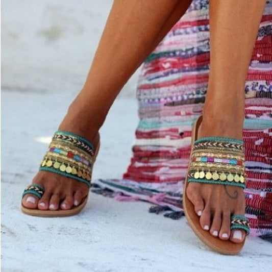 Boho Toe Ring Flat Sandals Women | Teal Woven Multicolor Strap Gold Coin Charm | Ethnic Summer Sandals