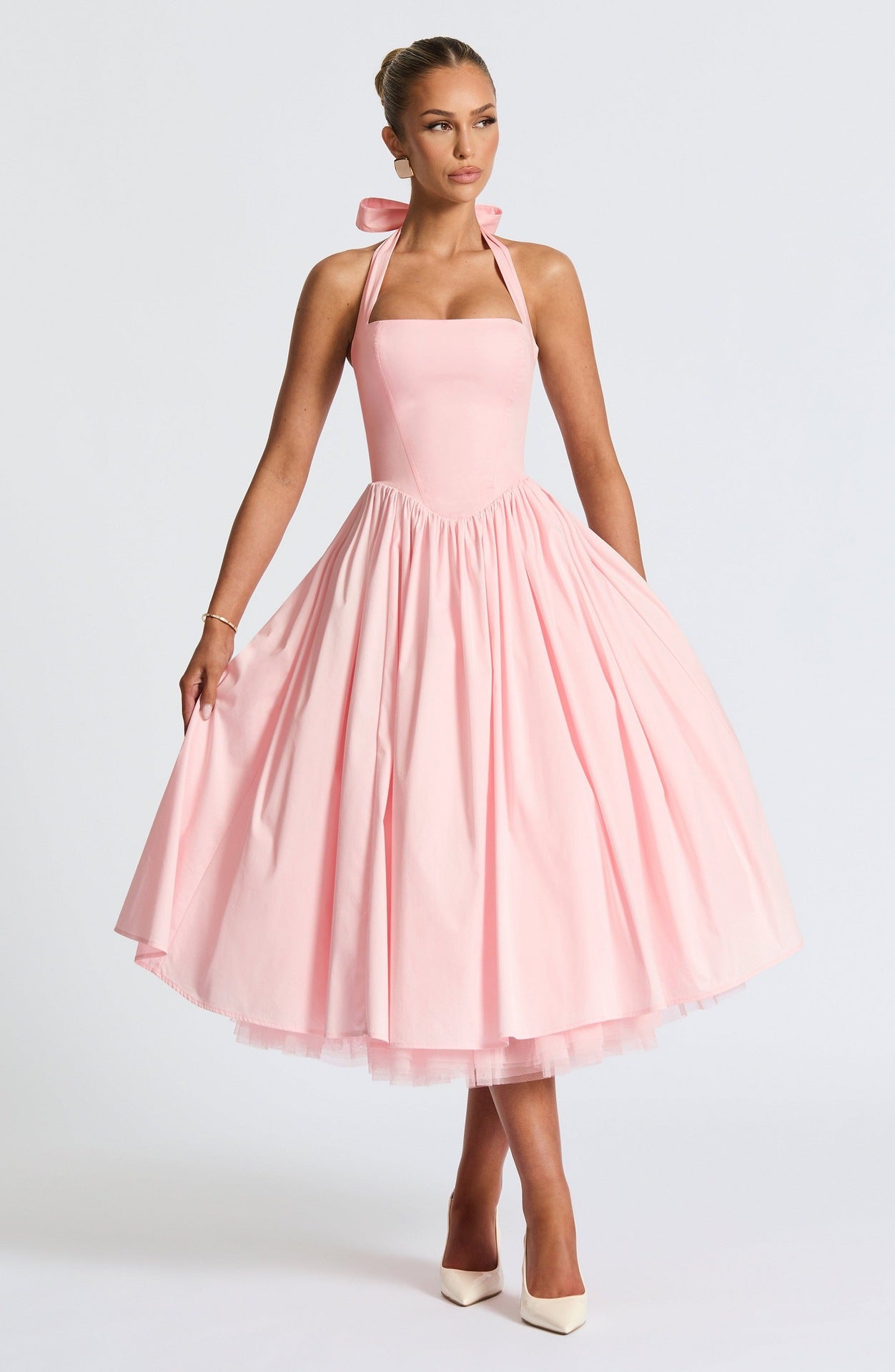 Schwarzes Neckholder-Ballkleid in Midilänge mit Tüllsaum | Vintage A-Linien-Partykleid für Damen