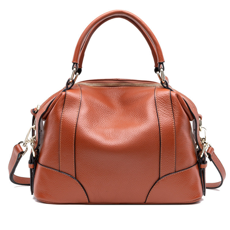 Small Brown Leather Satchel Bag - Cognac Bowling Bag with Dual Handles | Convertible Dome Handbag with Crossbody Strap