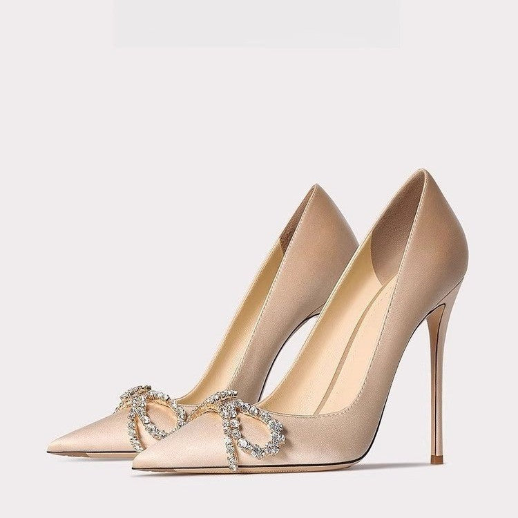 Champagne Satin Crystal Buckle Stiletto Heels | Women's Pointed Toe Rhinestone Pumps
