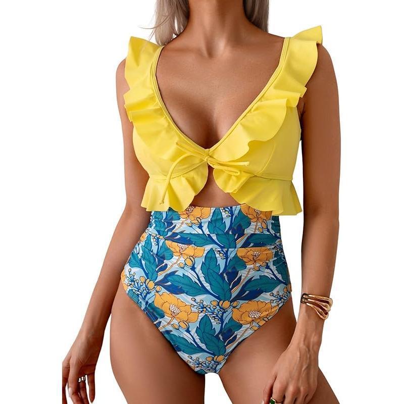 Teal Ruffle V-Neck Tie Front Cutout One Piece Swimsuit | High Waist Ruched Monokini | Women's Elegant Swimwear