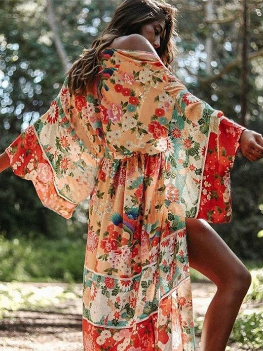 Red Floral Kimono Robe | Boho Japanese Print Long Duster | Women's Vintage Floral Maxi Kimono Cover Up