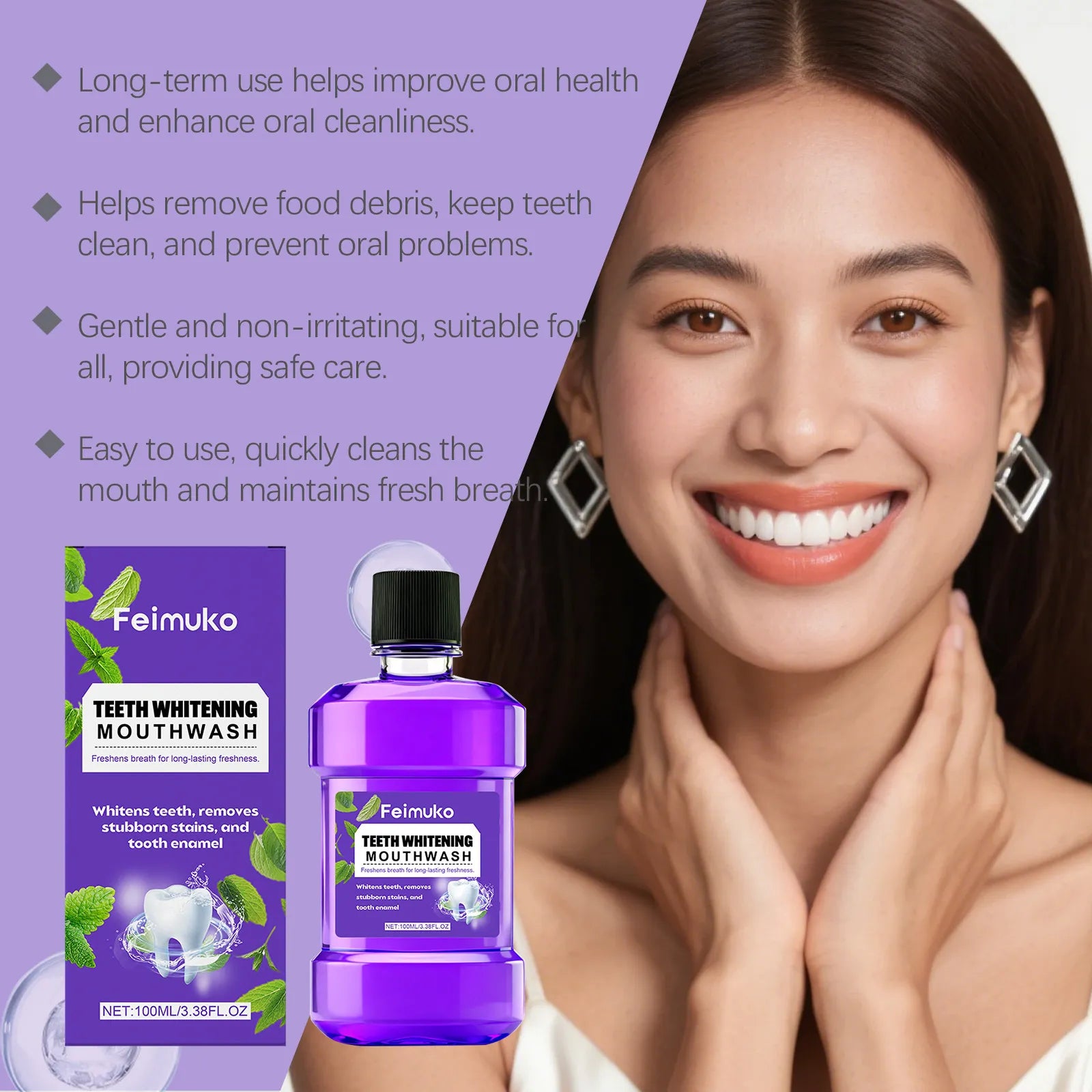 Feimuko Teeth Whitening Mouthwash Set of 2 x 100ml – Removes Stains, Freshens Breath & Protects Enamel