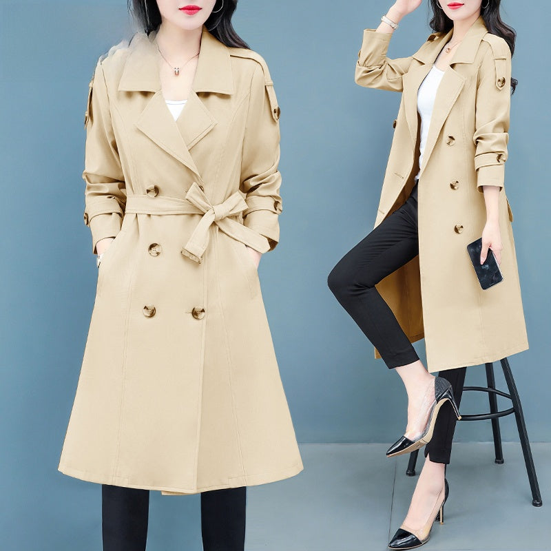 Trench Doppiopetto da Donna | Classico Spolverino Mid-Length color Kaki con Revers Dentellato e Bottoni sui Polsini | Elegante Soprabito Autunnale Slim Fit