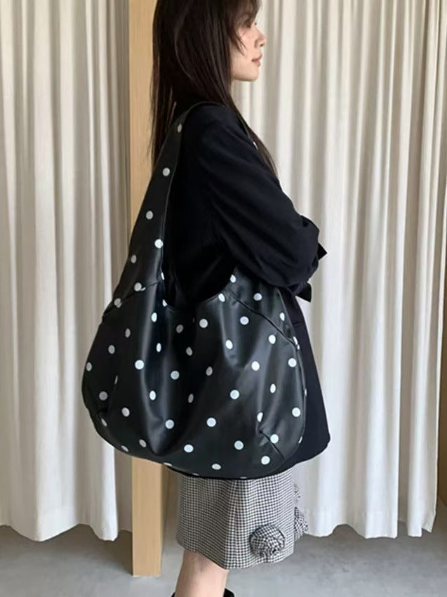 Black Polka Dot Canvas Tote Bag | Large Slouchy Shoulder Bag