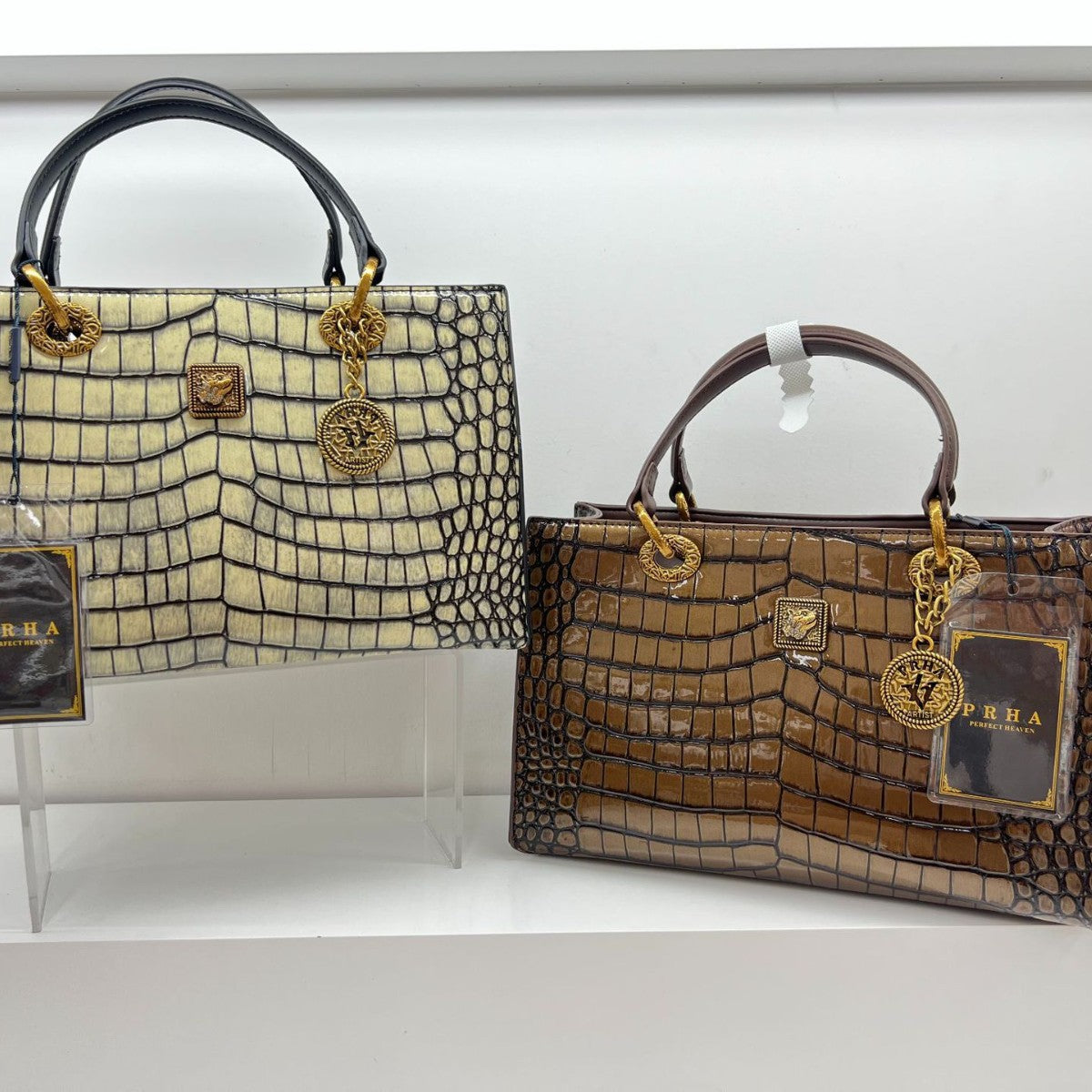 Crocodile Embossed Luxury Handbag Set - Gold & Bronze Tote Bags with Medallion Charms | Designer Style Structured Bags