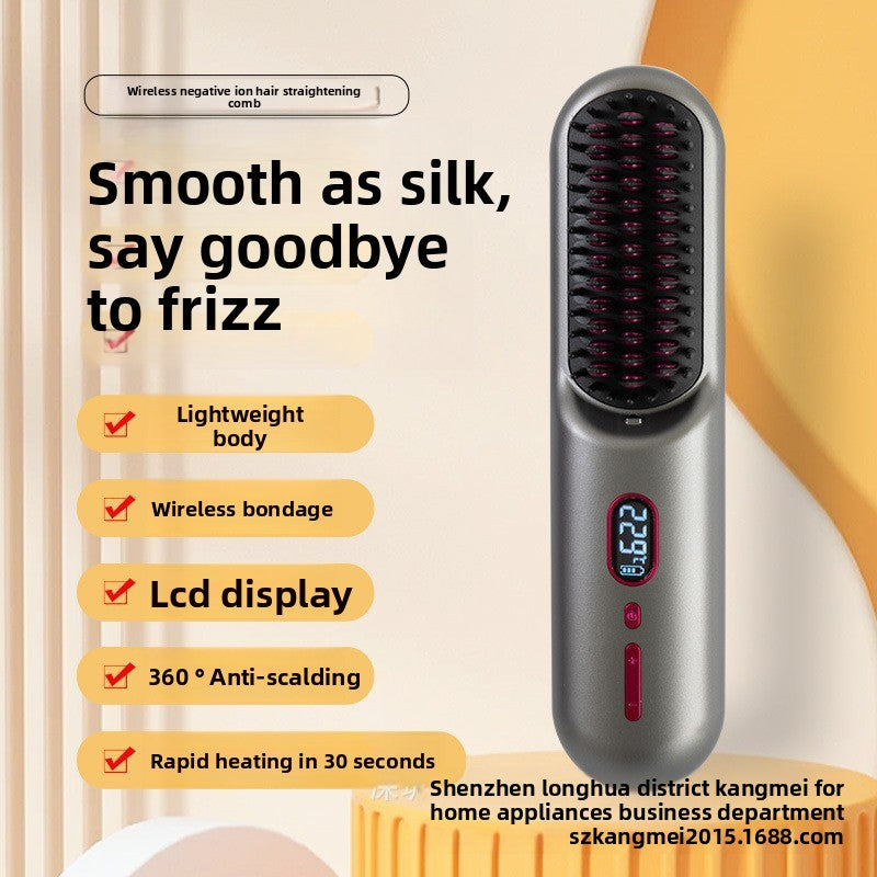 LCD Digital Hair Straightening Brush | Cordless Electric Heated Comb 226�C | Portable Ionic Anti-Frizz Hair Straightener | Gray Rechargeable Hot Comb