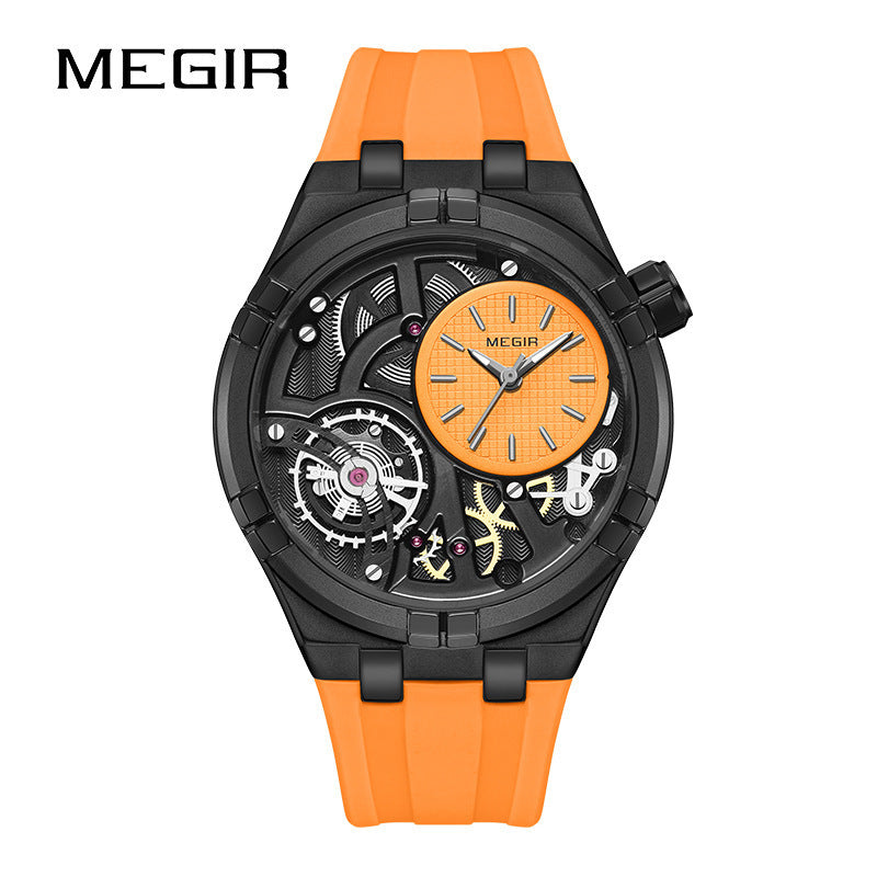 MEGIR Skeleton Watch for Men | Rainbow Dial Luxury Sport Quartz Watch Black Silicone