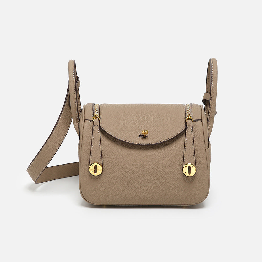 Taupe Leather Crossbody Bag with Flap Closure & Gold Hardware | Small Messenger Bag