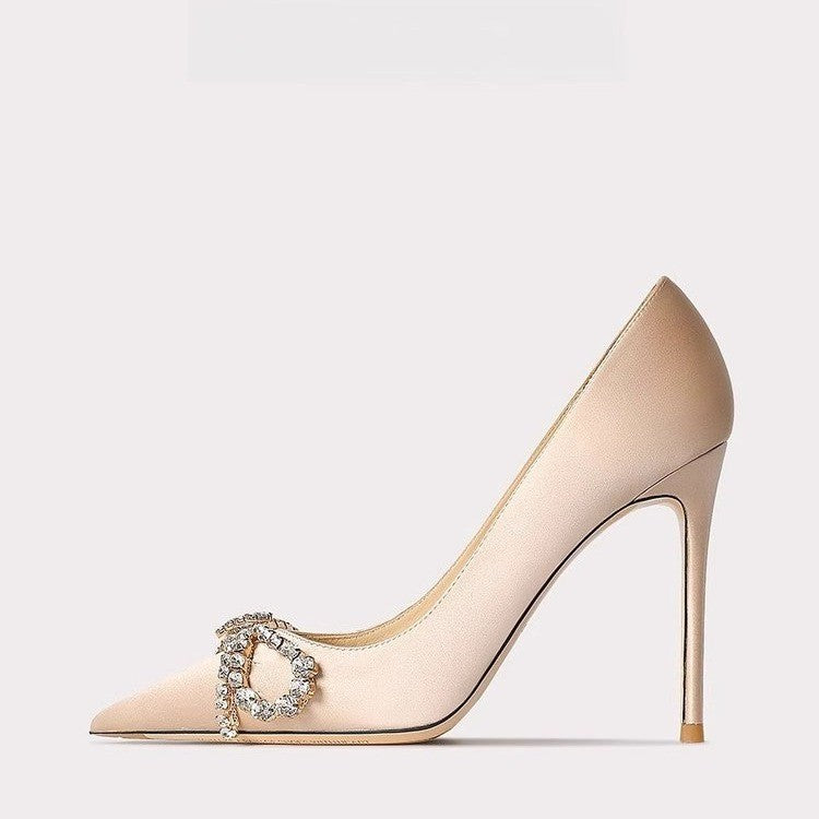 Champagne Satin Crystal Buckle Stiletto Heels | Women's Pointed Toe Rhinestone Pumps