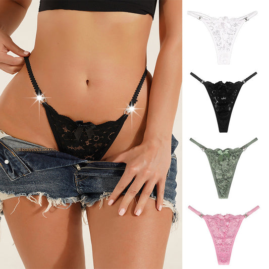 White Lace G-String Thong with Gold Ring Straps & Bow Detail ? Sexy Women's Lingerie Underwear