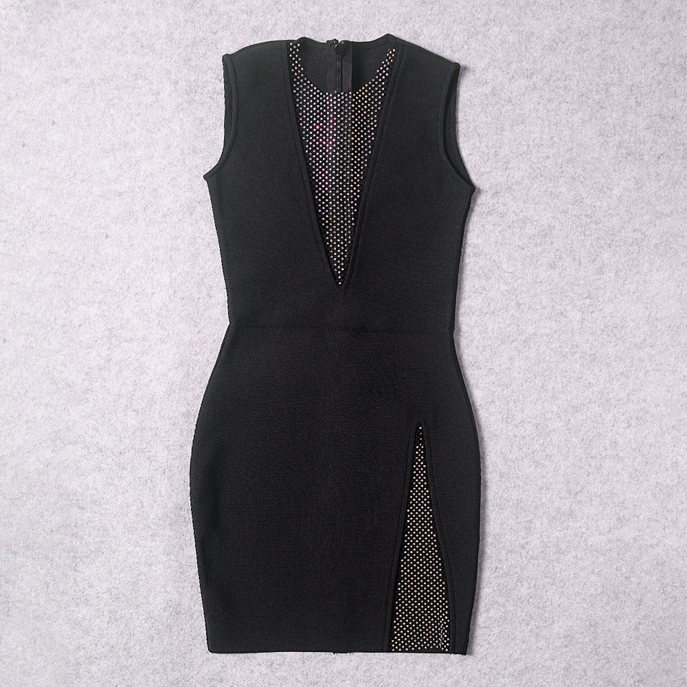 Black Mesh Rhinestone Bodycon Mini Dress | Sleeveless Deep V Cut-Out Party Dress | Club Night Out