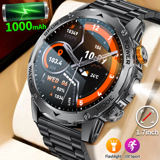 Military Rugged Smartwatch with 1000mAh Battery, Flashlight, Bluetooth Calling, Health Tracking, Steel Strap