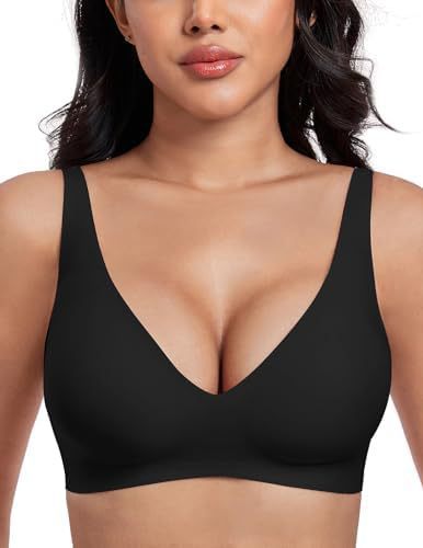 Black Wireless Bralette for Women - Seamless Comfort Bra with Deep V Neckline & No Underwire Support