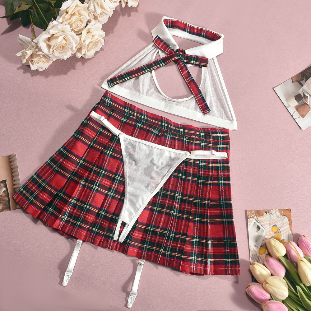 Sexy Schoolgirl Costume Lingerie Set | Red Plaid Pleated Mini Skirt Sheer Halter Bra & Tie | Role Play Outfit