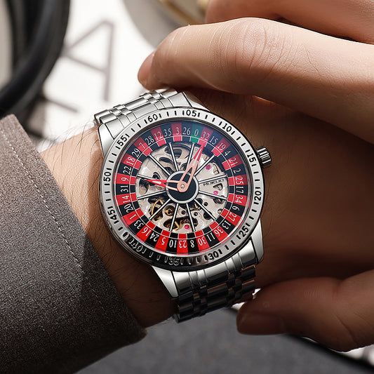 Roulette Wheel Skeleton Watch Men | Red Blue Casino Dial | Black Steel Bracelet | Hollow Tourbillon Style Automatic Watch