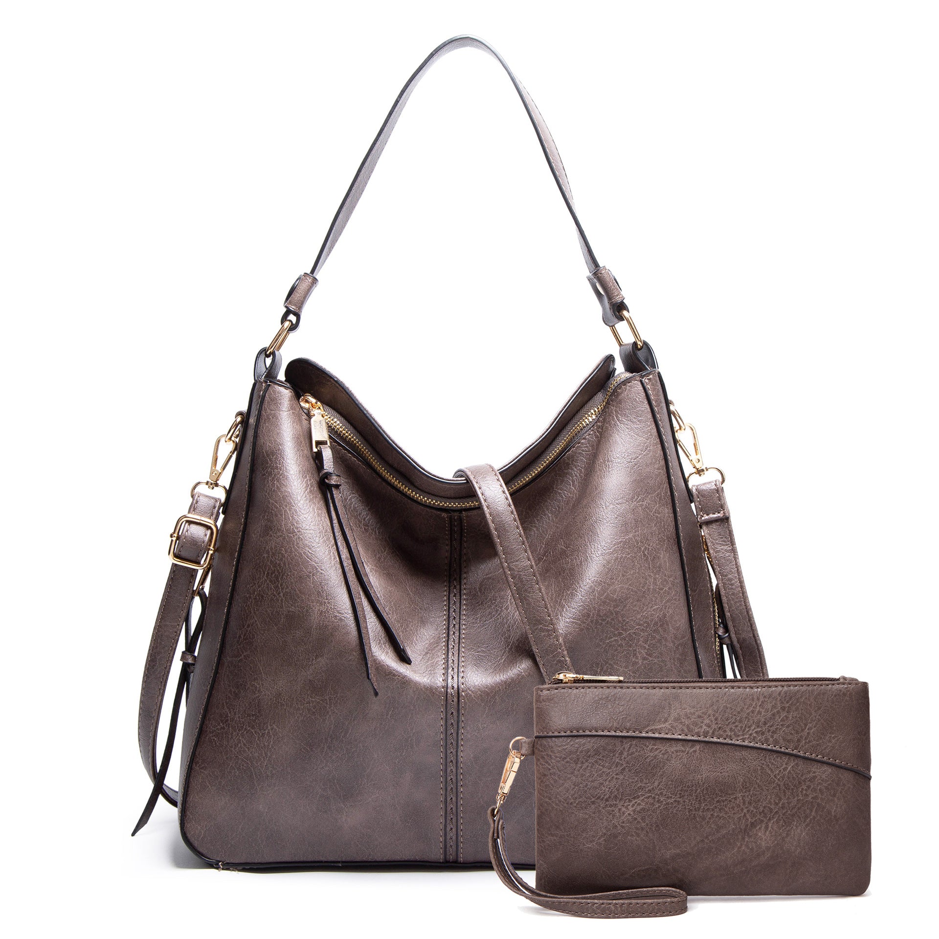 Black Leather Hobo Bag Set - 2 Piece Slouchy Shoulder Bag with Matching Clutch Wallet | Convertible Crossbody Purse with Gold Hardware