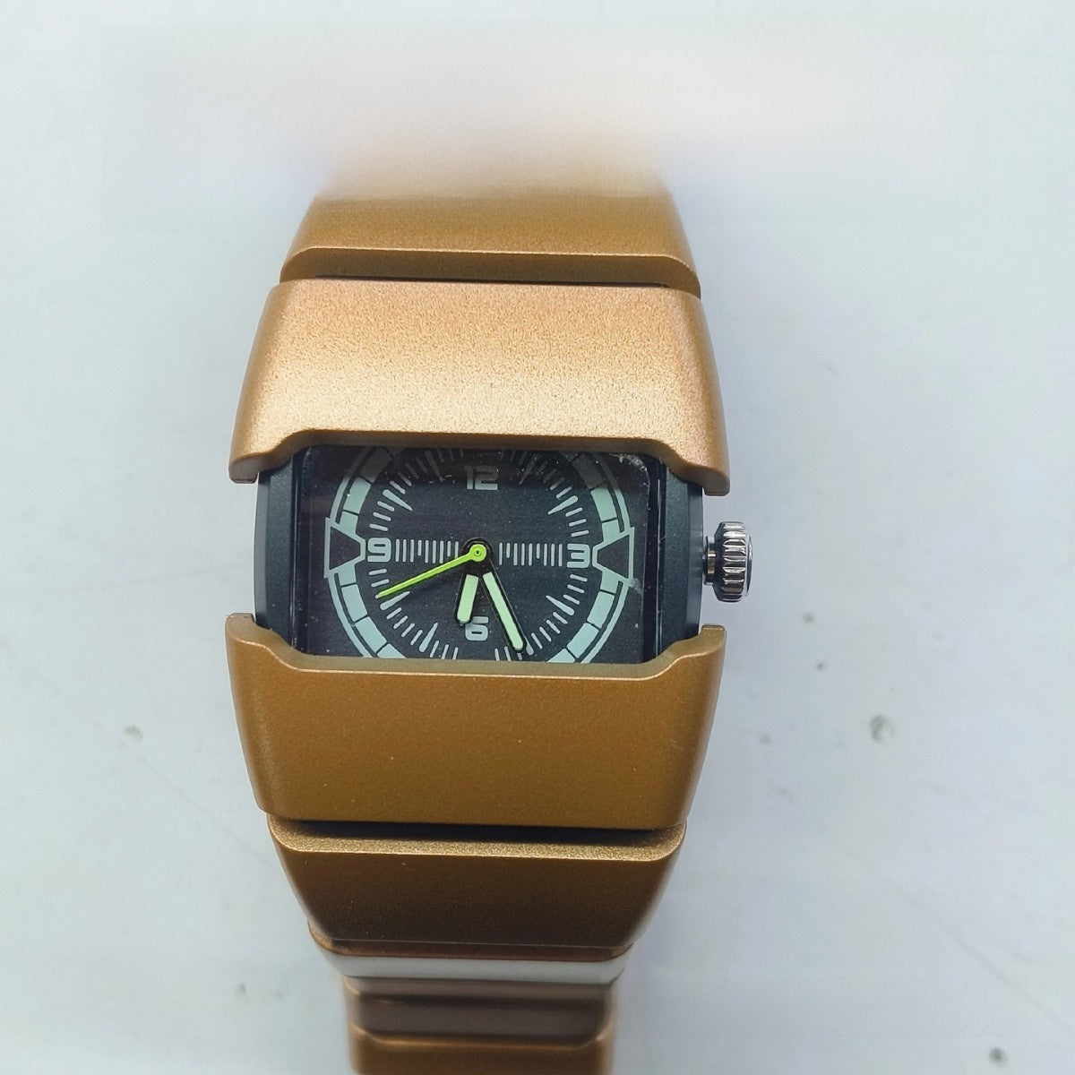 Men's Futuristic Wide Rectangular Watch | Matte Silver Aluminum Case Black Dial Neon Green Hands | Diesel Style Techwear Sport Timepiece
