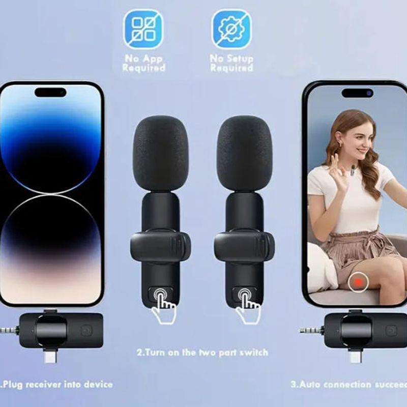 K15 Wireless Lavalier Microphone 1-to-2 | Dual Clip-On Mic for iPhone Android & Camera | USB Type-C Lightning 3.5mm Vlogging Mic