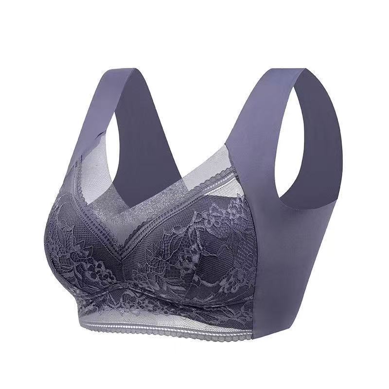 Women's Blue Lace Wireless Bralette with Wide Straps, Floral Lace Cups and V Neckline for Everyday Comfort