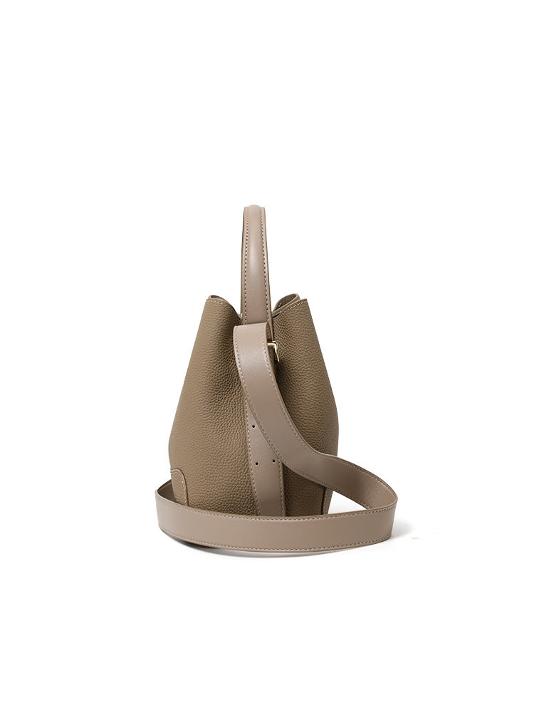 Taupe Brown Pebbled Leather Bucket Bag with Flower Charm | Small Tote Handbag
