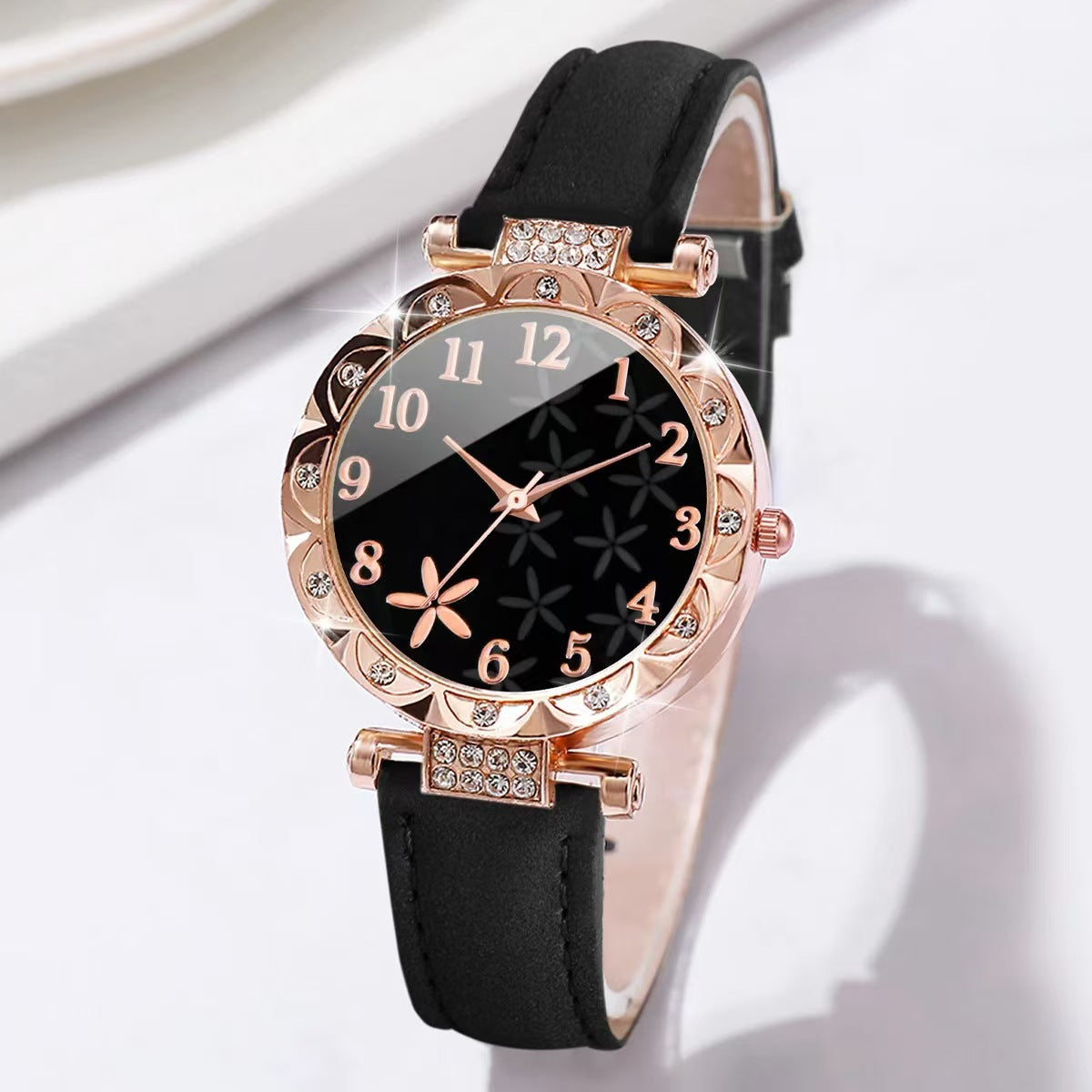 Women's Rose Gold Diamond Watch & Pearl Jewellery Gift Set | 6 Piece White Leather Strap Watch Necklace Earring Bracelet Ring Set