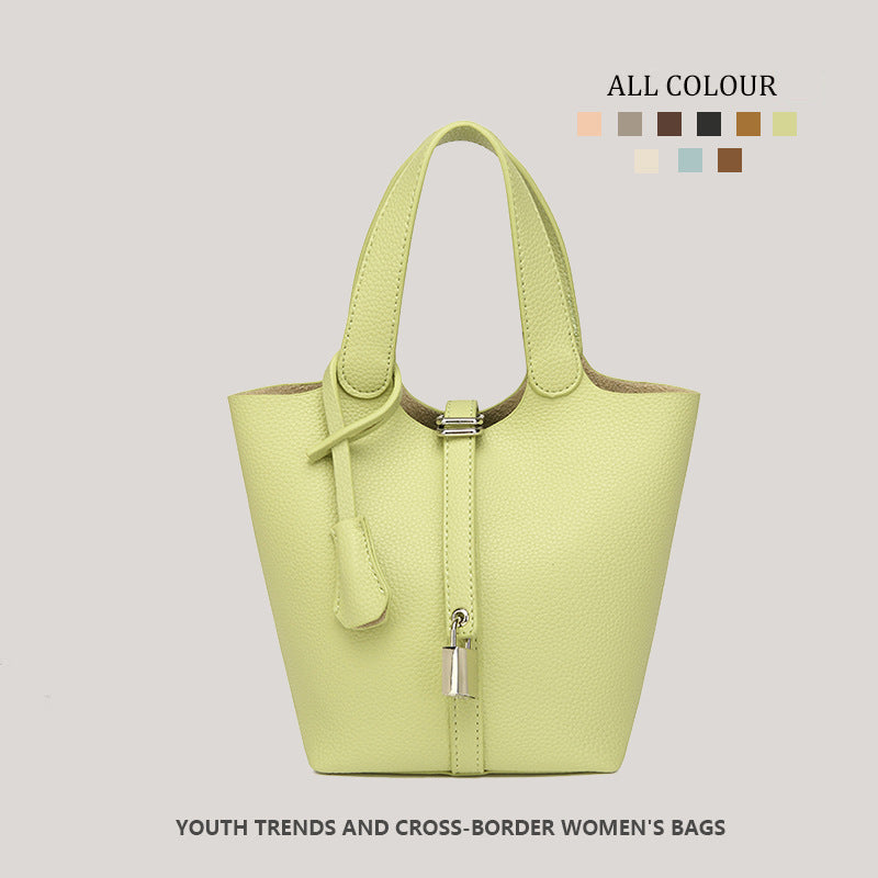 Taupe Pebbled Leather Tote Bag - Structured Bucket Bag with Lock Charm | Women's Everyday Shoulder Bag in Multiple Colors