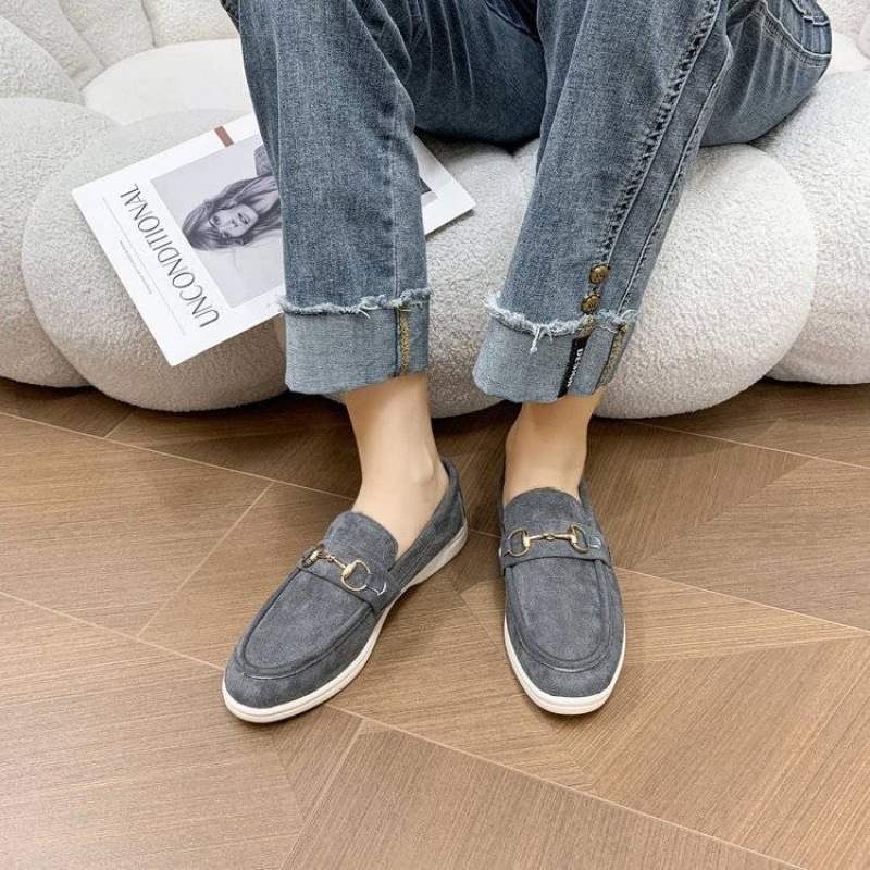 Women's Grey Suede Horsebit Loafers ? Luxury Inspired Slip-On Flat Shoes with Gold Hardware