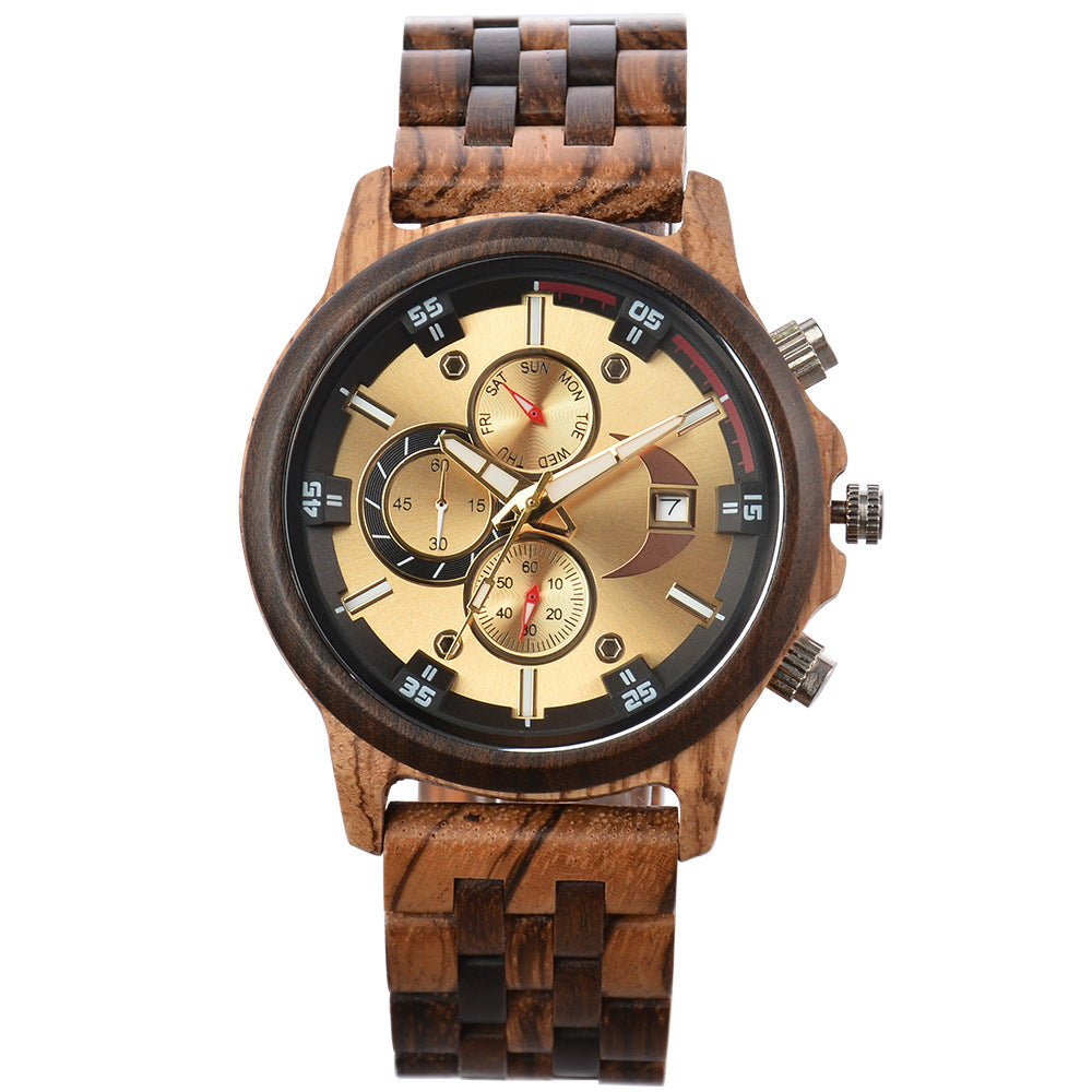 Men's Wooden Chronograph Watch | Blue Dial Rose Gold Sandalwood Day Date Sport Watch